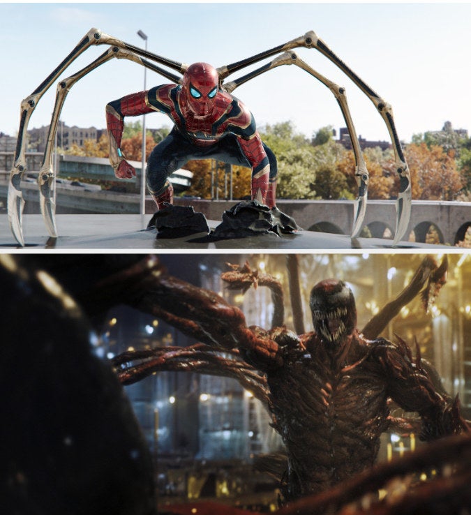 A picture of Spider-Man from "Spider-Man: No Way Home" and a picture of Venom from "Venom: Let There Be Carnage"