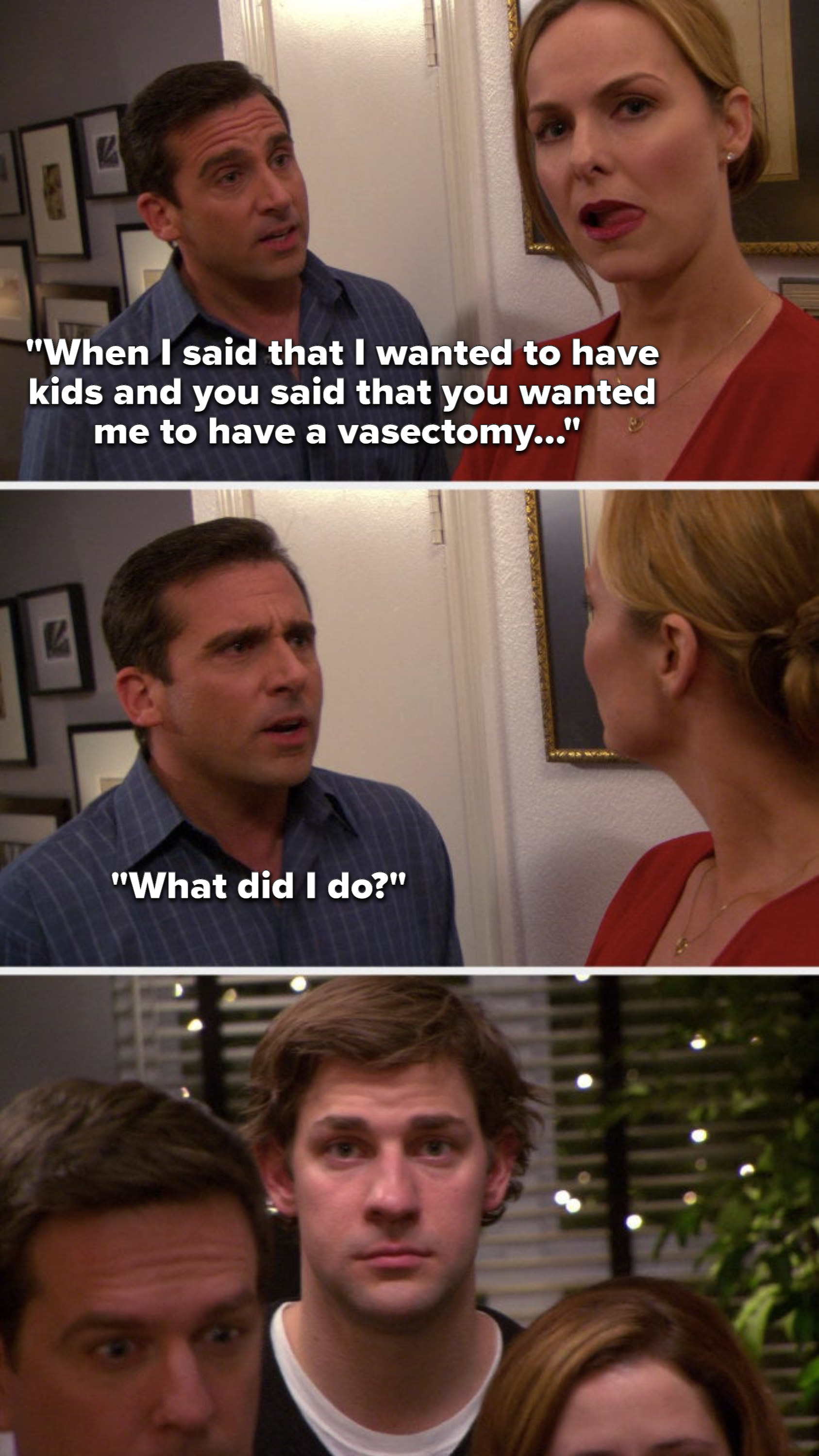 Michael says, When I said that I wanted to have kids and you said that you wanted me to have a vasectomy, what did I do, and Jim looks at the camera