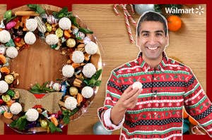 A photo of a holiday dessert wreath overhead, and a photo of a man in a Holiday shirt holiday a white chocolate snowball truffle