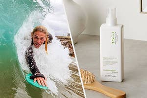 On the left is a person bodysurfing with the WAW Badfish Bodysurfing Handplane and on the right is a bottle of Sustainable Glam Leave-in Spray Conditioner on a table.