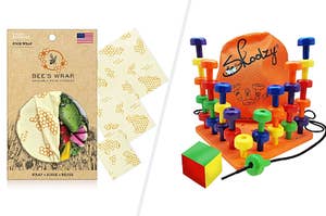 On the left is a pack of Bee's wraps and on the right is the Skoolzy peg board set.