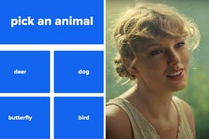 On the left, a screenshot of the question pick an animal, and on the right, Taylor Swift smiling in the Cardigan music video