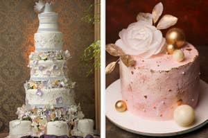 一个多层婚礼蛋糕和一个单层蛋糕