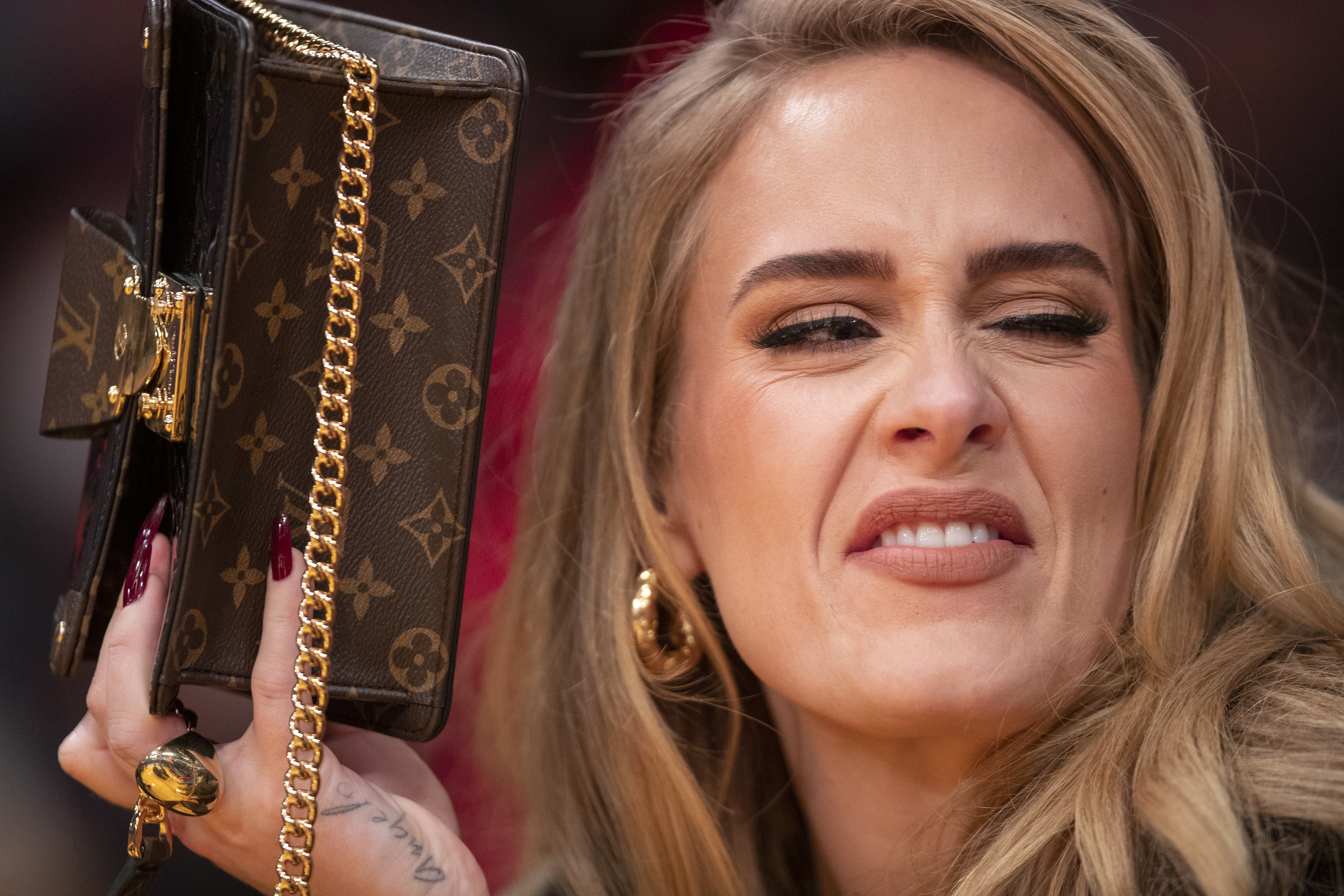 Adele makes a face while hiding behind her purse
