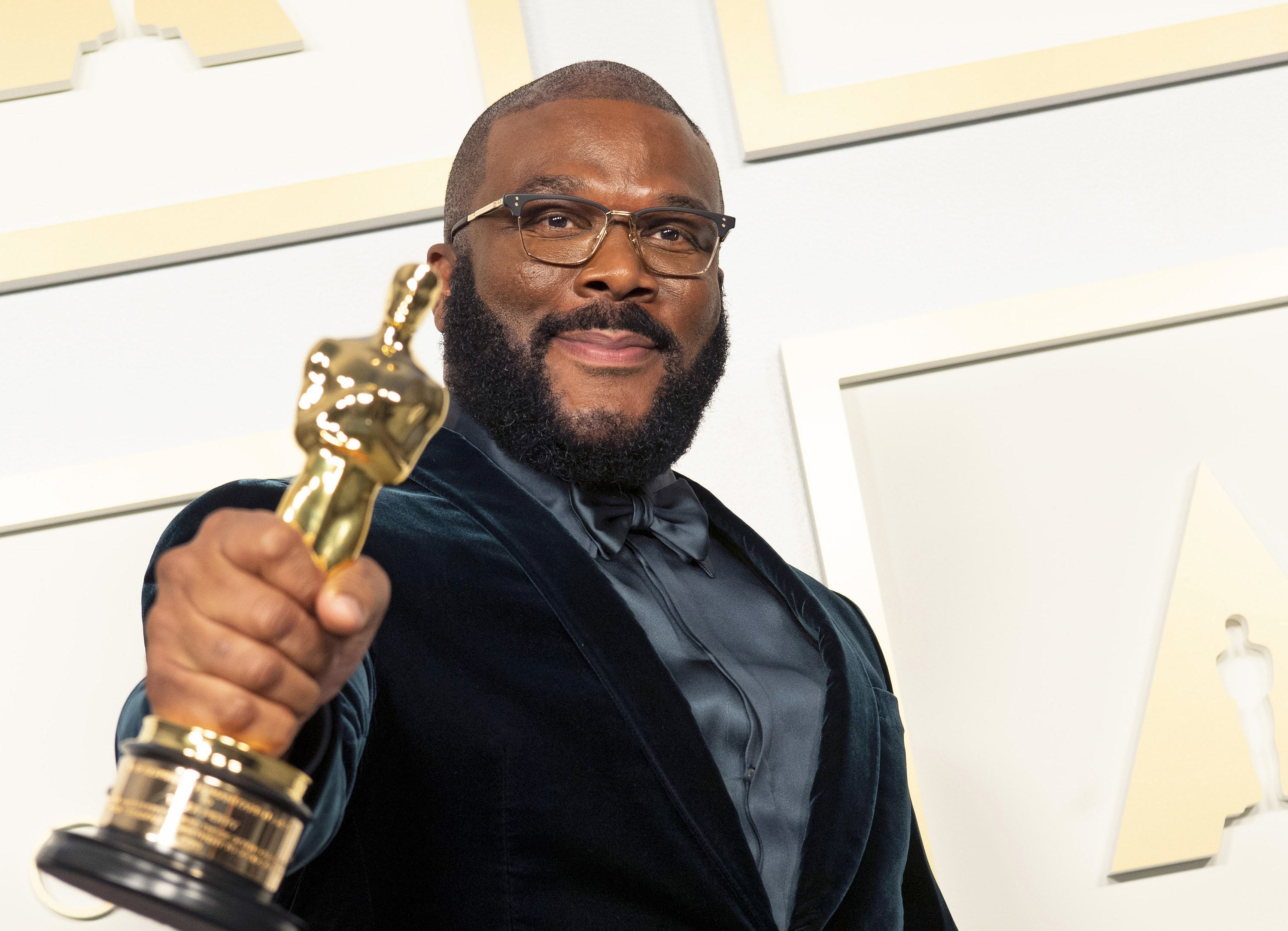 Tyler Perry, winner of the Jean Hersholt Humanitarian Award, poses in the press room during the 93rd Annual Academy Awards at Union Station on April 25, 2021 in Los Angeles, California.