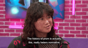 gif of teenager saying the history of prom is very heternormative