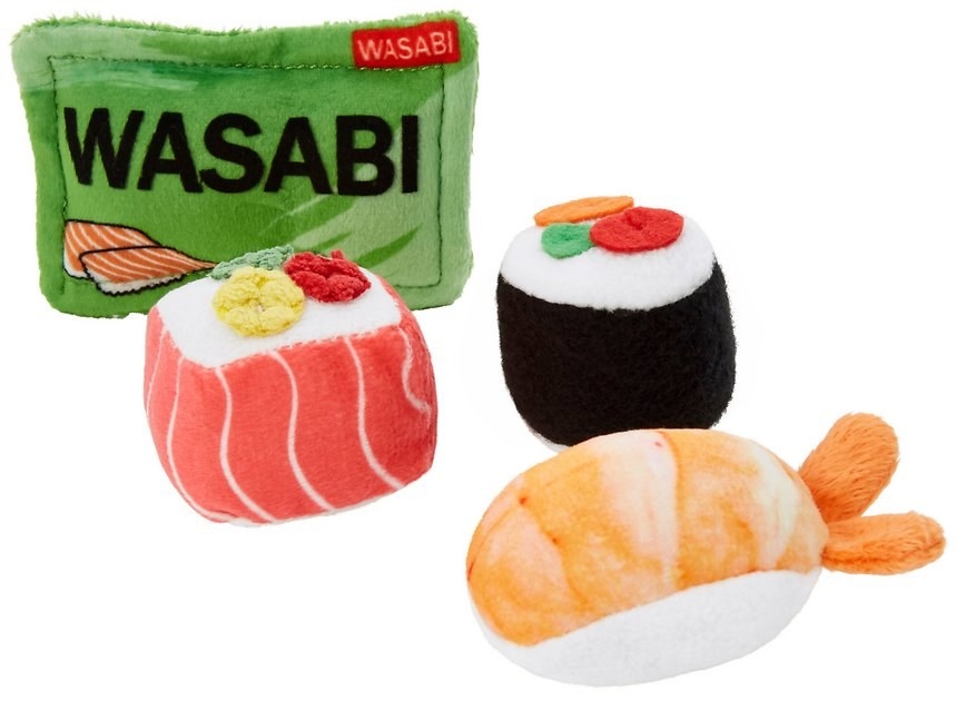four sushi themed cat toys