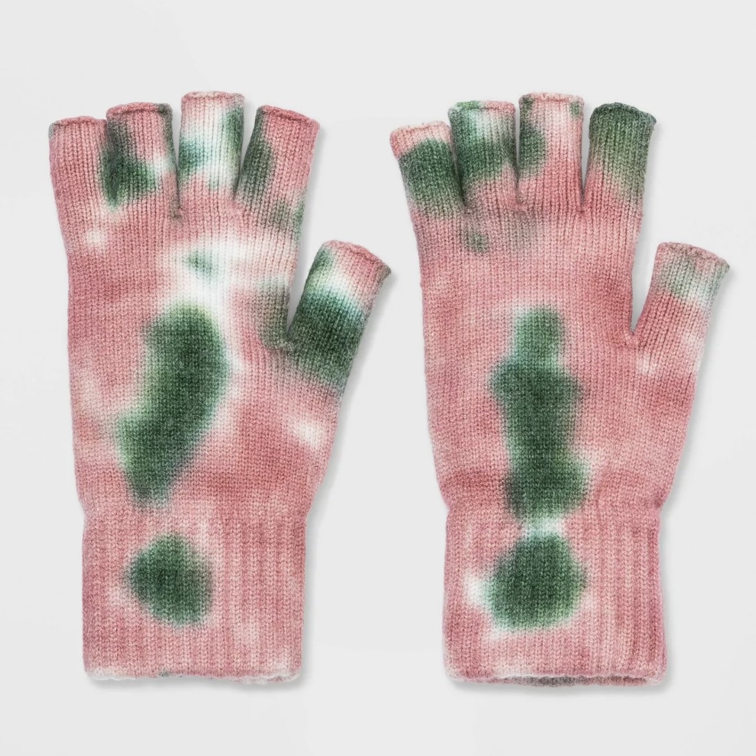 Pair of pink and green tie dye fingerless gloves