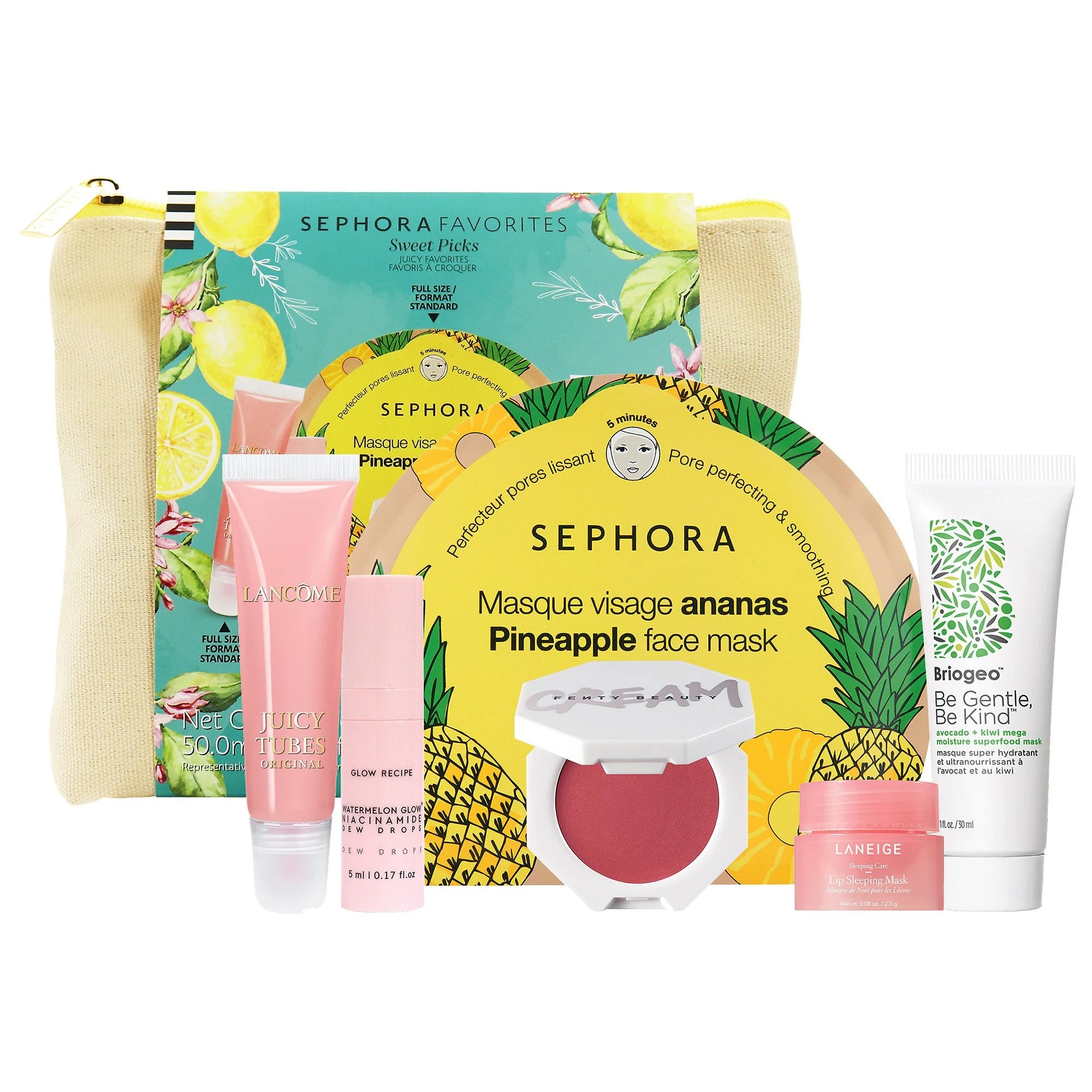 gift bag, pineapple sheet mask, pink lip gloss, nicinamide dew drops, fenty cream blush, lip mask, and hair mask set