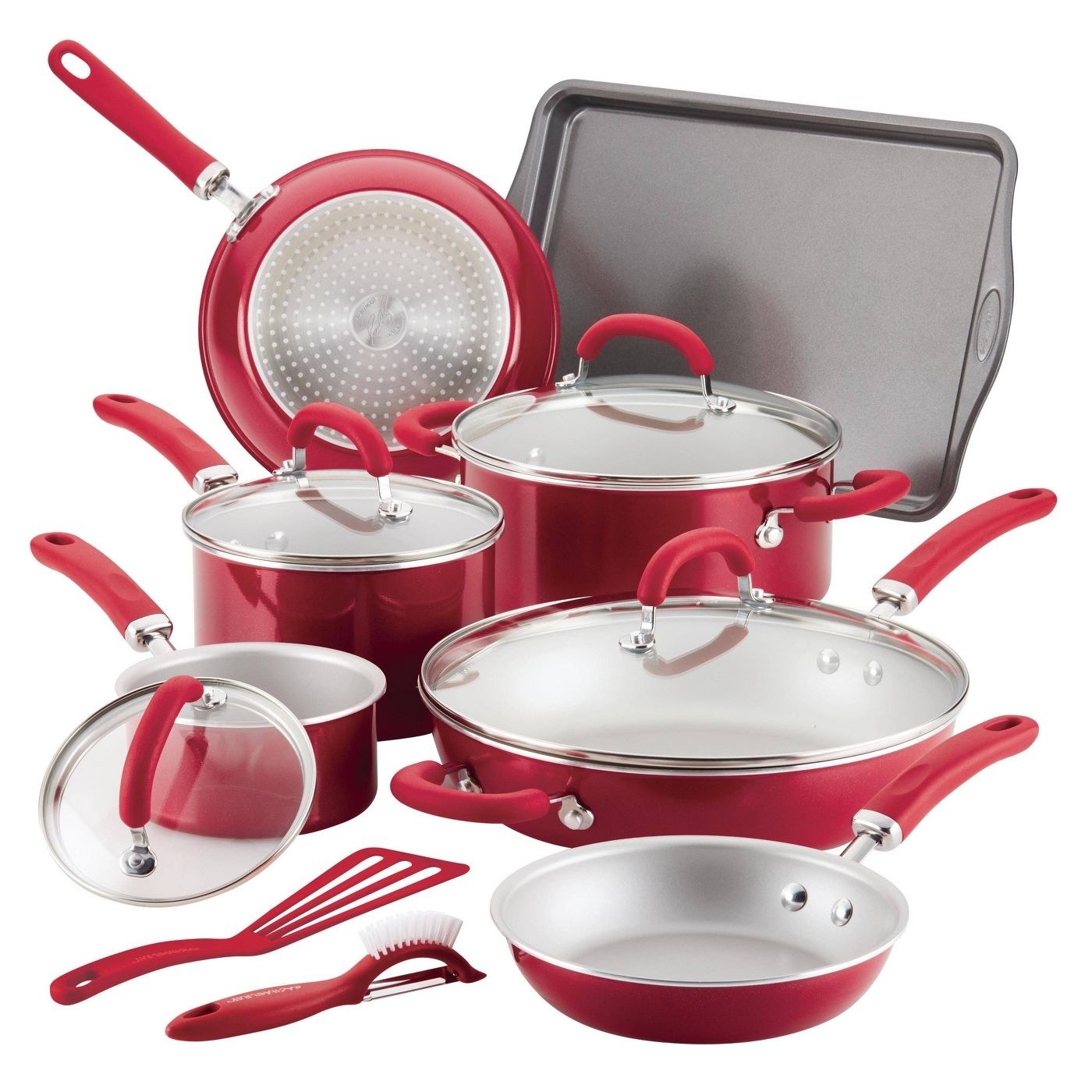 A set of red pots and pans