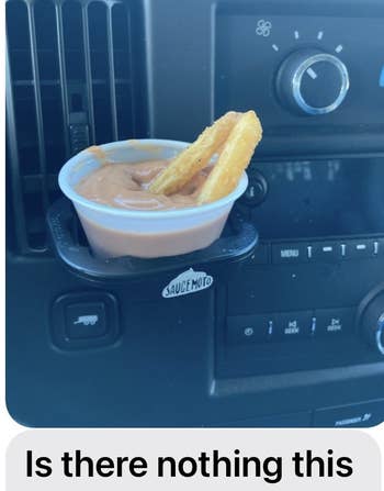 reviewer showing two french fries in a container of dipping sauce attached to the car vent