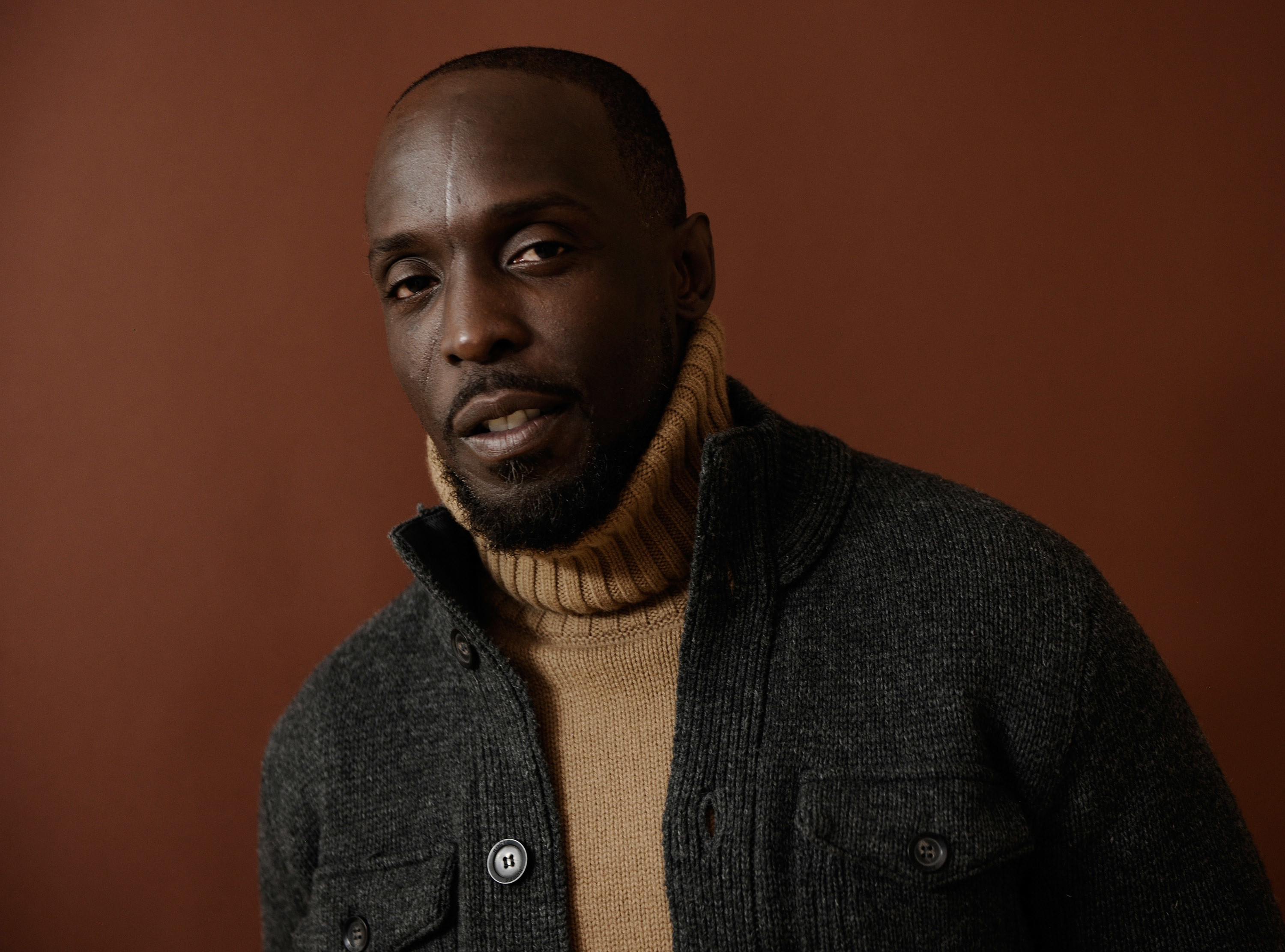Michael K Williams on a plain background looking at the camera in a turtleneck 