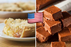 A slice of apple pie is on the left with an American flag in the center and fudge on the right