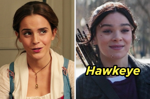 On the left, Emma Watson as Belle in Beauty and the Beast, and on the right, Hailee Steinfeld as Kate in Hawkeye