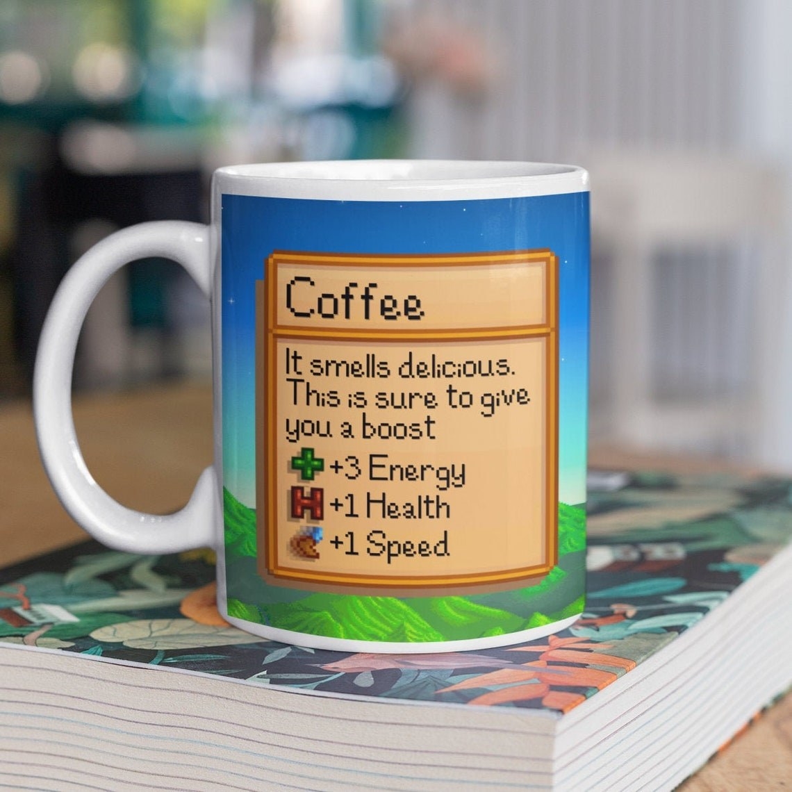 mug that says coffee with description that says it gives +3 energy +1 health and +1 speed