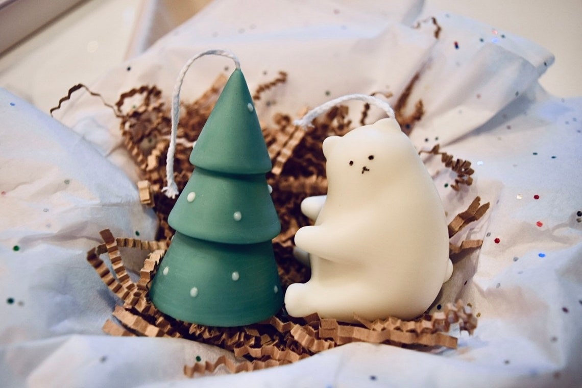 candles shaped like tree and polar bear