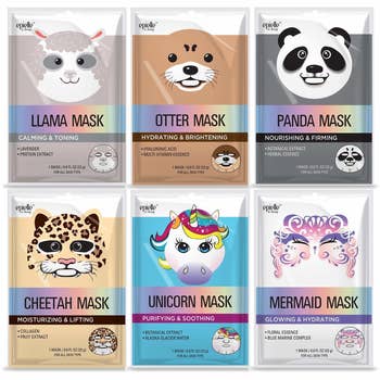 pack with llama, otter, cheetah, unicorn, mermaid, and panda mask