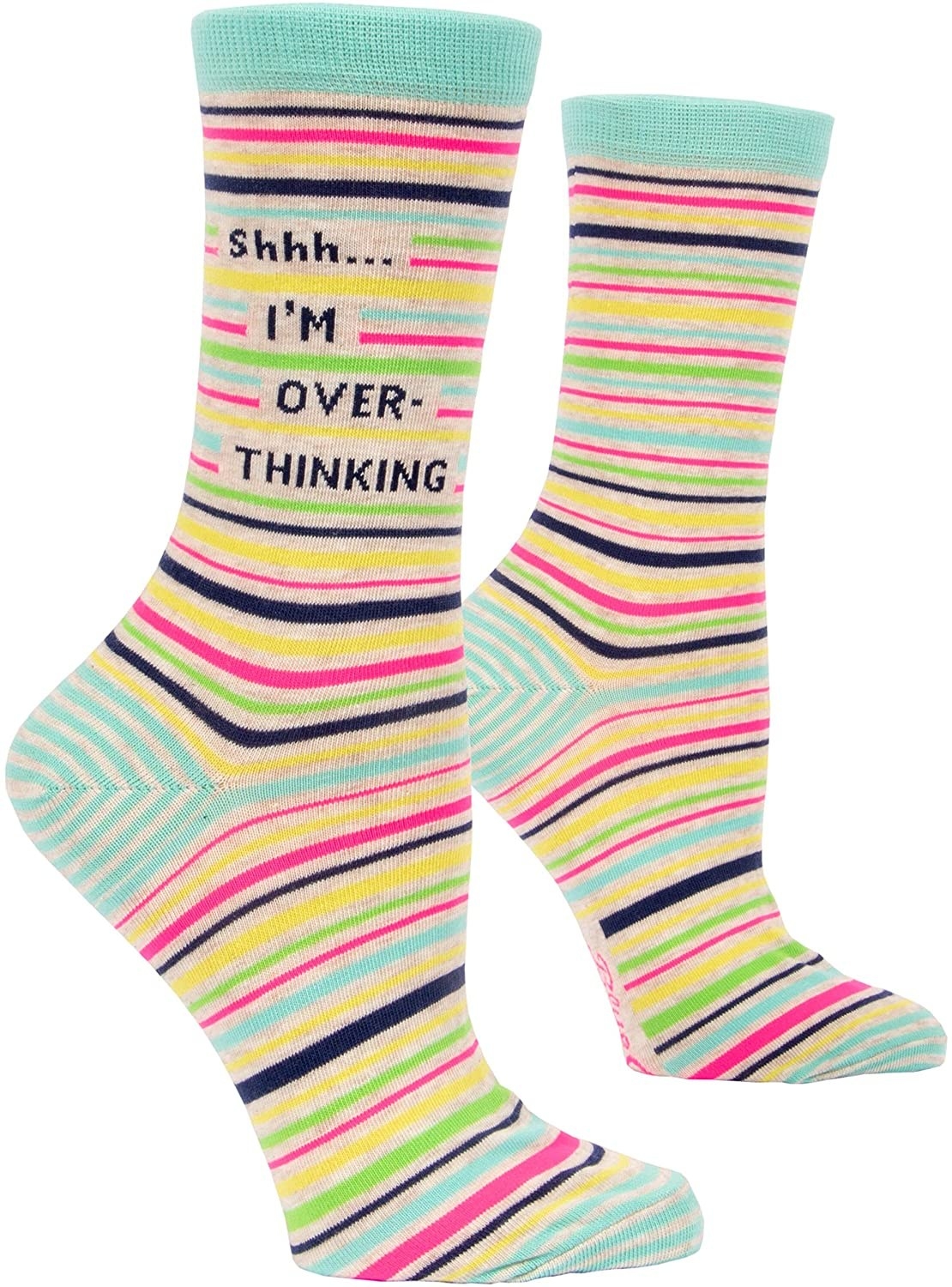 colorful striped crew socks that say &quot;shhh...I&#x27;m overthinking&quot;