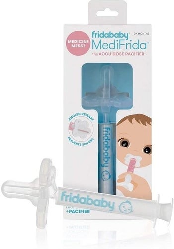 A syringe with a pacifier medicine dispenser