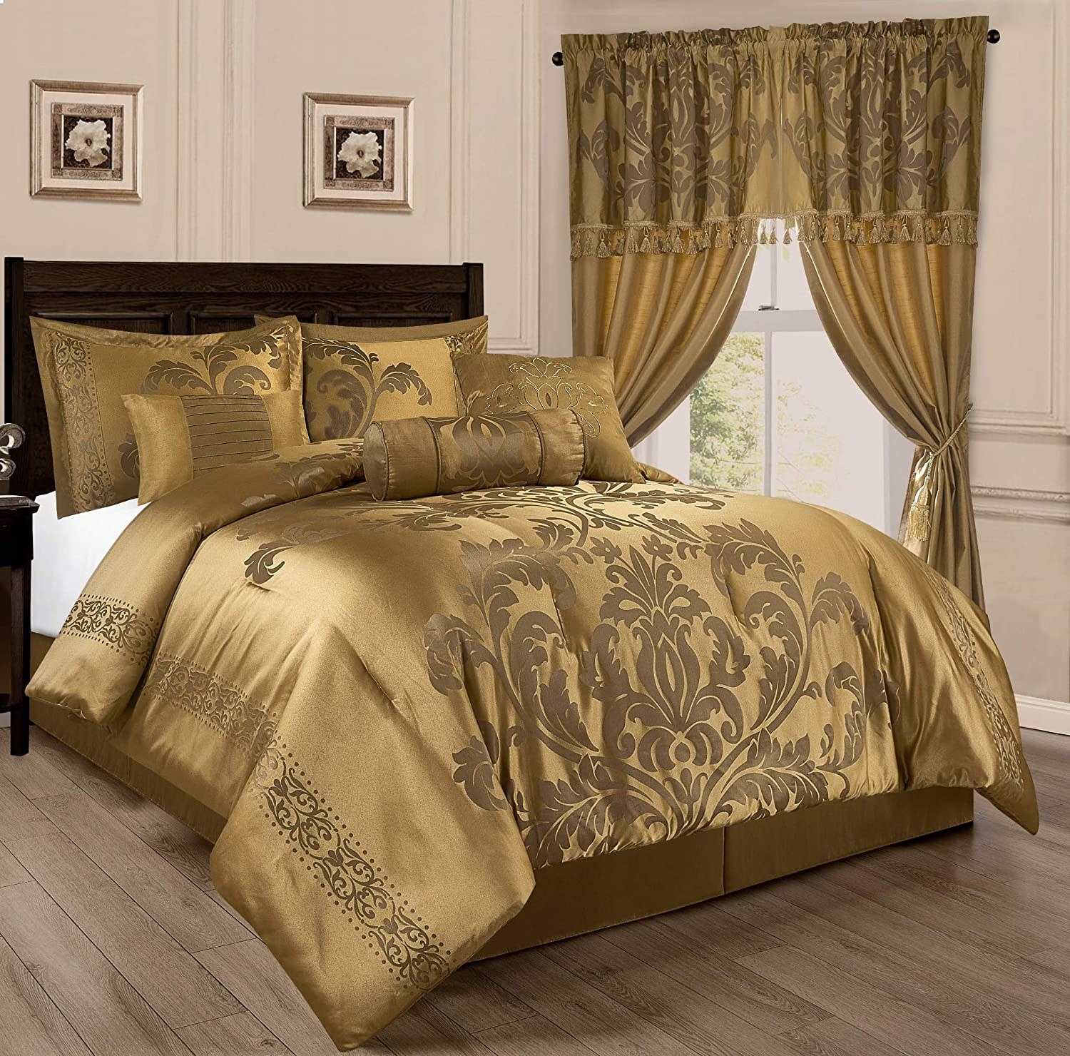 gold floral comforter set on mattress in bedroom
