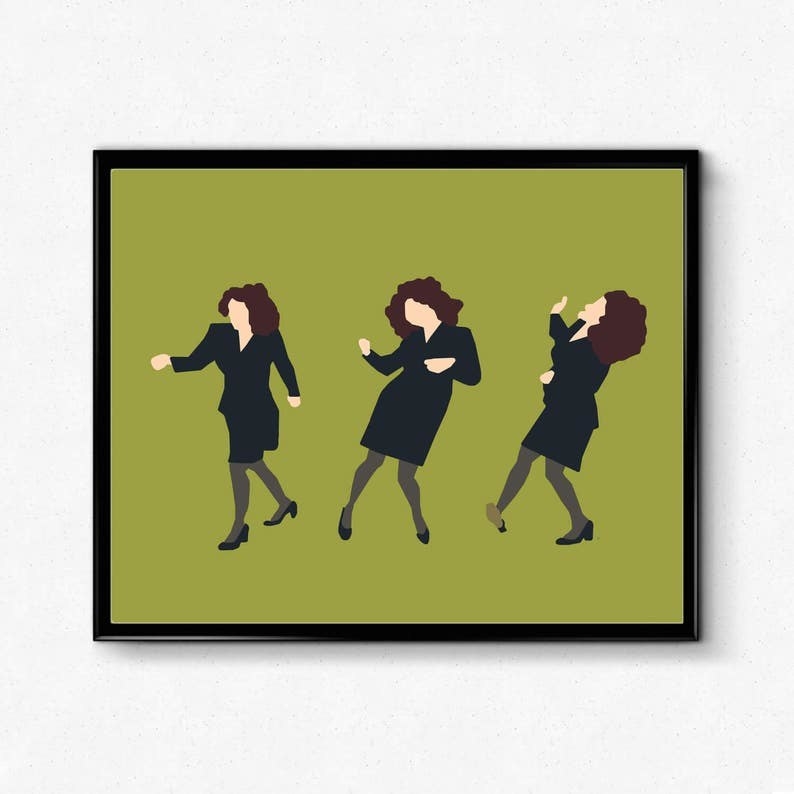 print with three figures of dancing elaine on green background