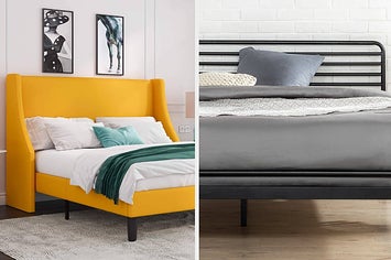 a yellow upholstered bed frame and a black metal bed frame