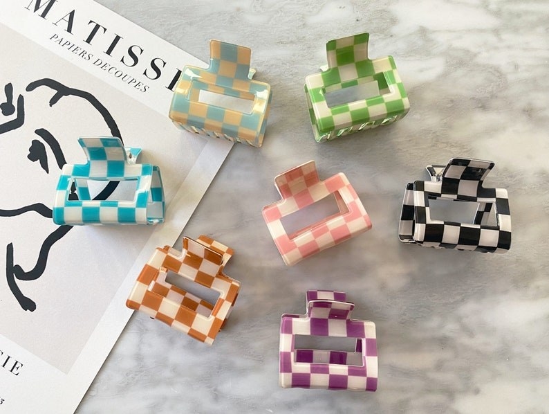 claw clips in different color checkerboard prints