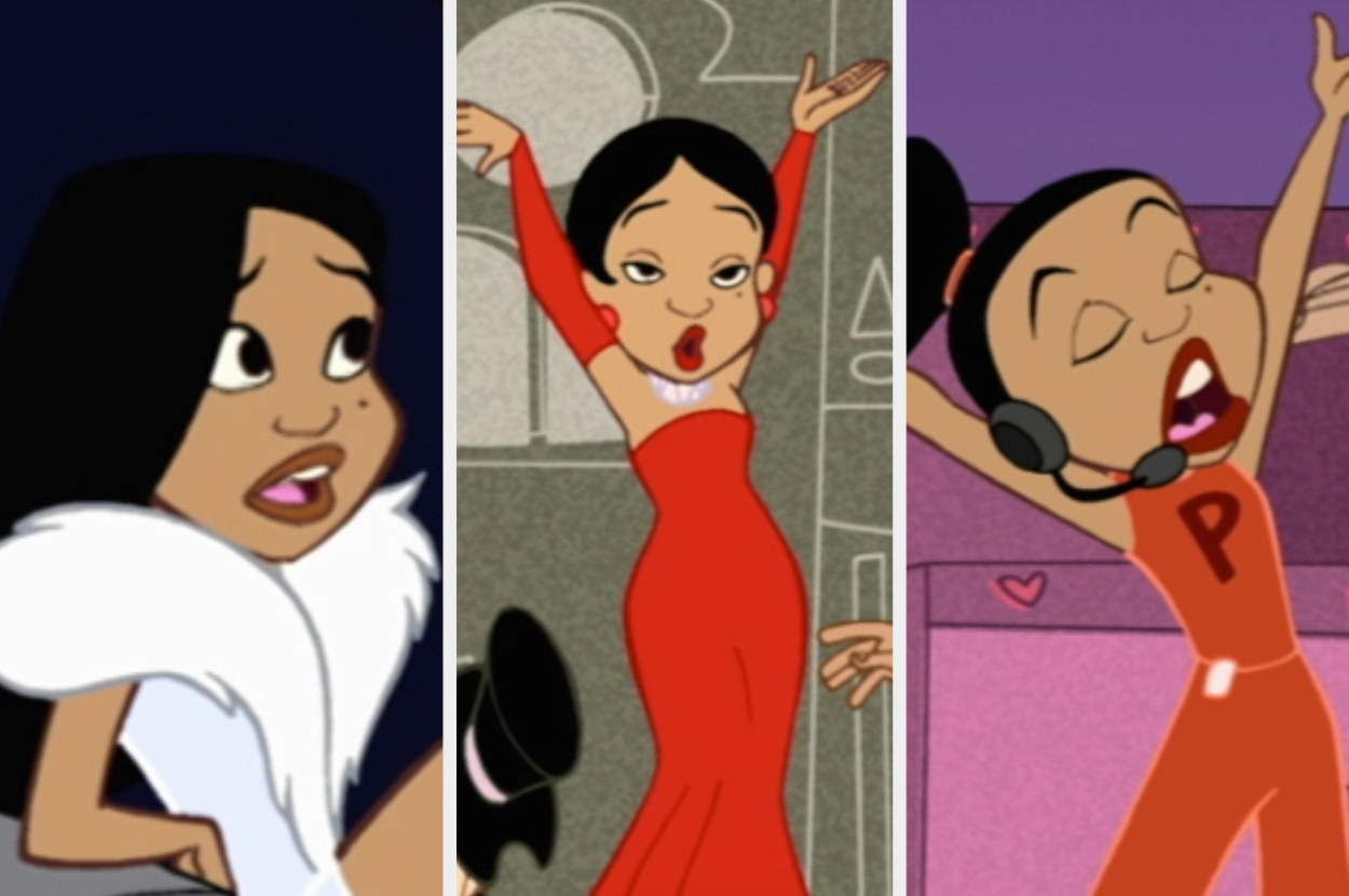 Penny Proud wears various clothing items like a fur shawl, red gown, and orange jumpsuit as she develops her singing career in the "Proud Family"