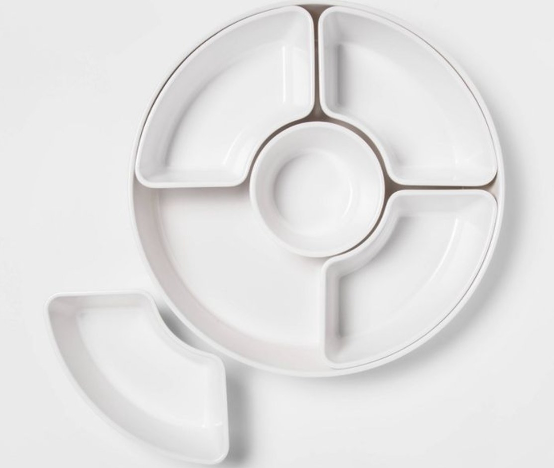 white plastic serving platter with 5 removable sections