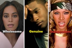 Solange is on the left labeled, "Wholesome" with Usher labeled "Genuine" and Beyonce on the right labeled, "Independent"