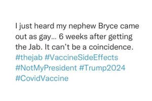 A tweet about the vaccine making someone's nephew gay