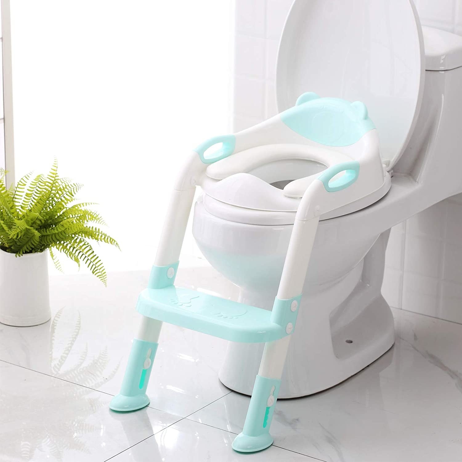 The white and teal potty seat with ladder resting on a toilet