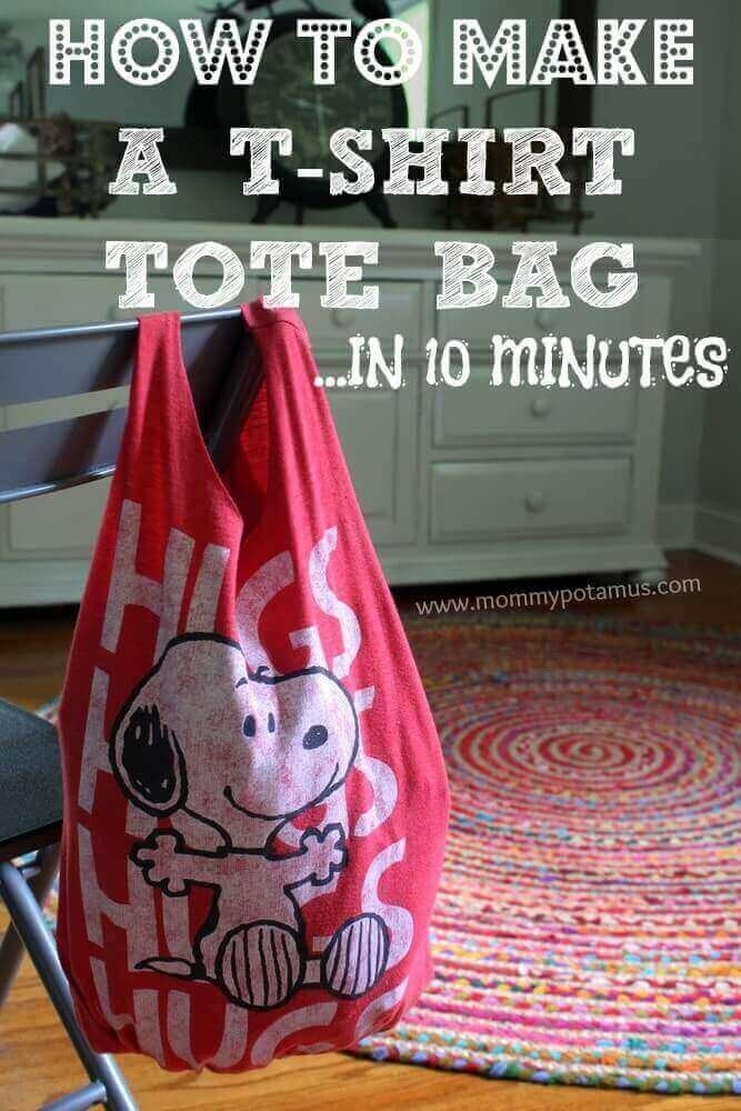 two-handled tote made from a tee, with text &quot;how to make a t-shirt totebag in 10 minutes&quot;