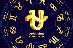 An astrology wheel with the 13th sign Ophiuchus in the center; image from Gregg Deguire via Getty Images, reposted by VectorStock on Pinterest