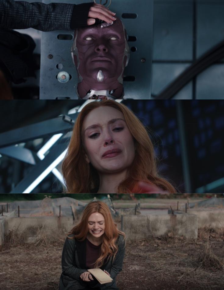 A close up of Vision&#x27;s cut off head, a close up of Wanda Maximoff as she cries, and Wanda Maximoff kneels in a plot of dirt as she cries