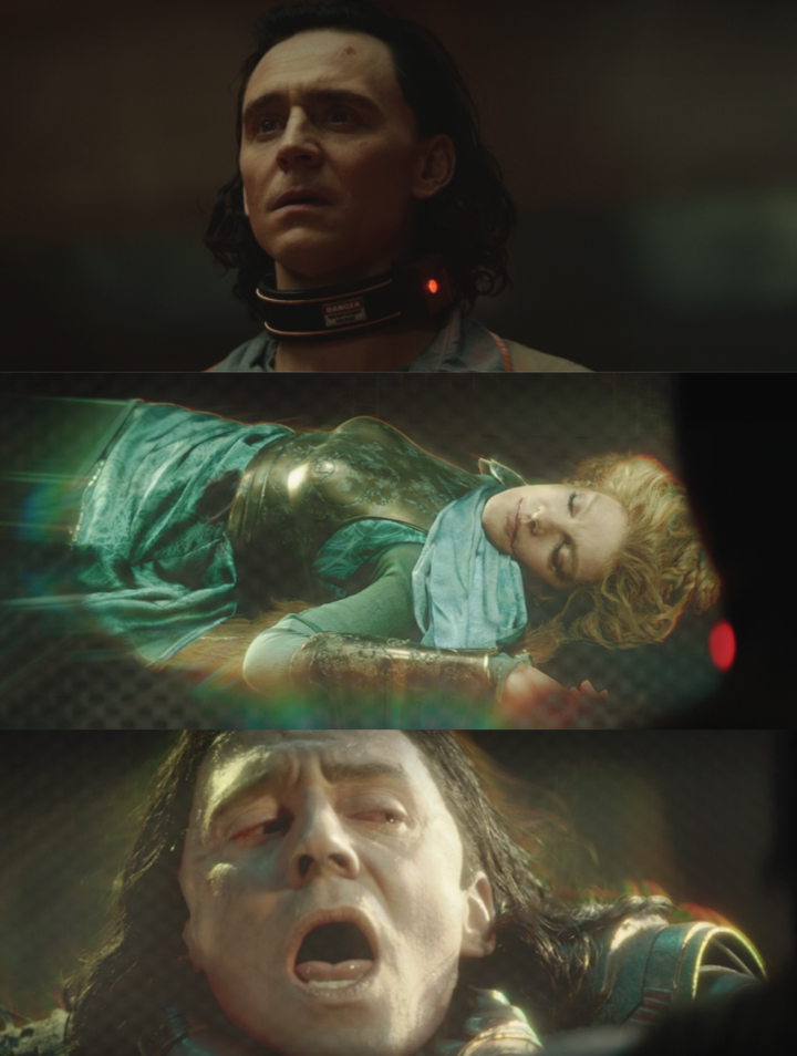 A close up of Loki as he looks worried, a hologram of Loki&#x27;s deceased mother, and a hologram of Loki as he&#x27;s being choked