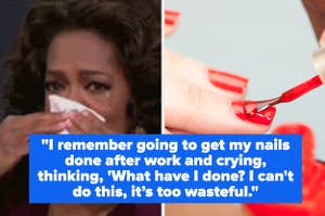 Oprah Winfrey crying and covering her face with a tissue, someone getting their nails done