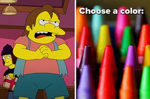 An animated bully is on the left with crayons on the left labeled, "Choose a color:"
