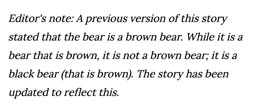 Editor&#x27;s note: A previous version of this story stated that the bear is a brown bear; while it is a bear that is brown, it is not a brown bear; it is a black bear that is brown