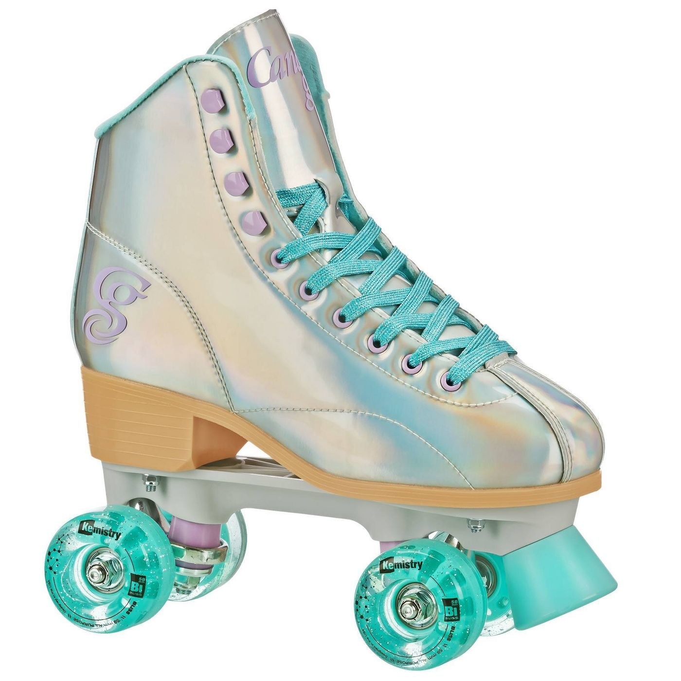 A silver roller skate with turquoise wheels and lacres