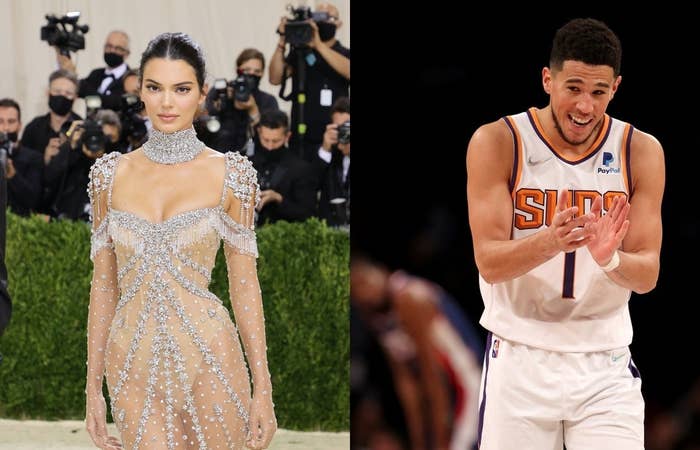 In the first pic, Kendall Jenner poses at the and in the second pic Devin Booker of the Phoenix Suns claps as he looks at the Brooklyn Nets bench