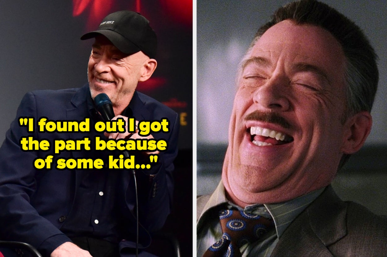 J.K. Simmons speaking into a microphone with text reading, "I found out I got the part because of some kid" side by side with a meme of J. Jonah Jameson laughing hysterically