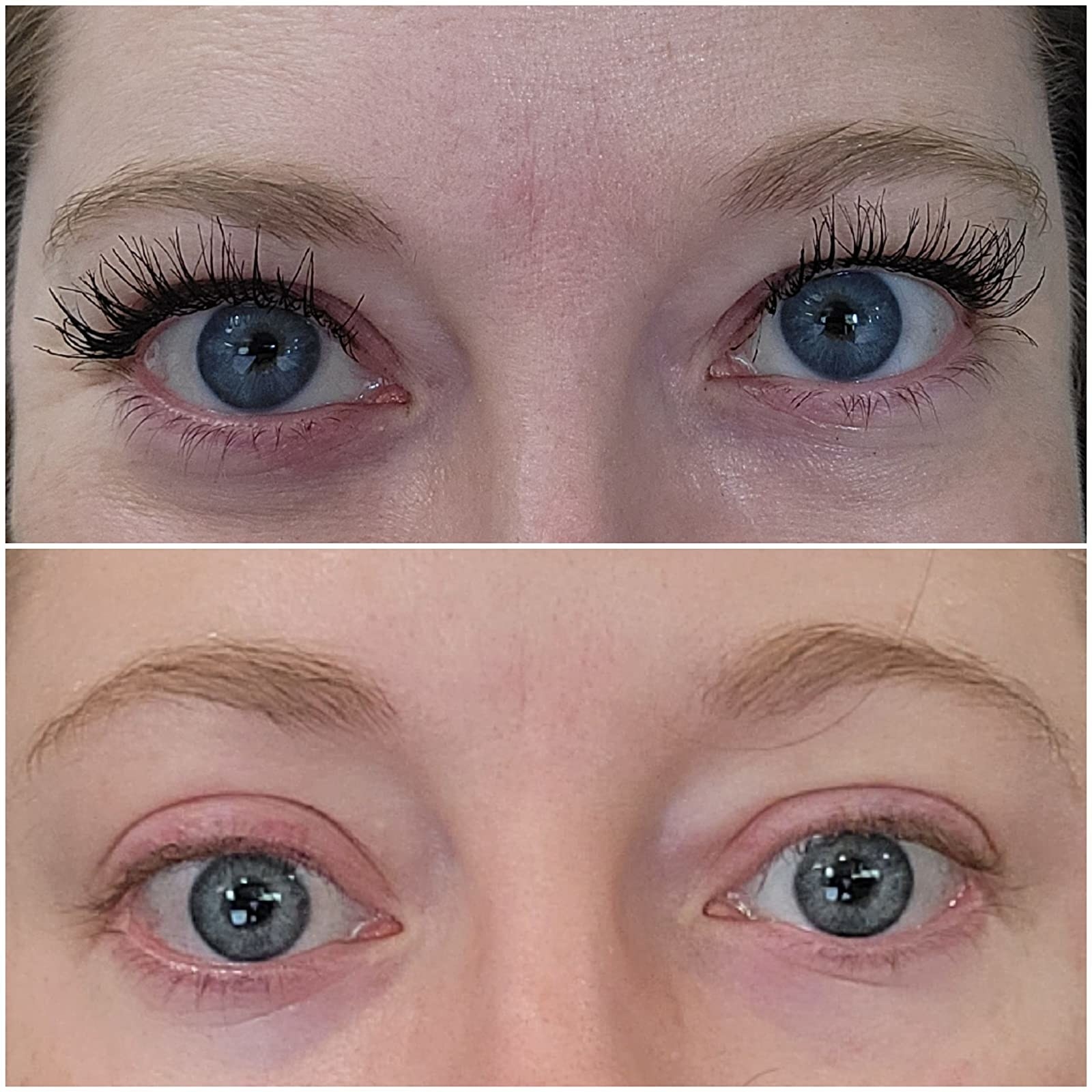 before photo of a reviewer with bare lashes and an after photo of the same reviewer whose light colored droopy lashes look dark black and voluminous