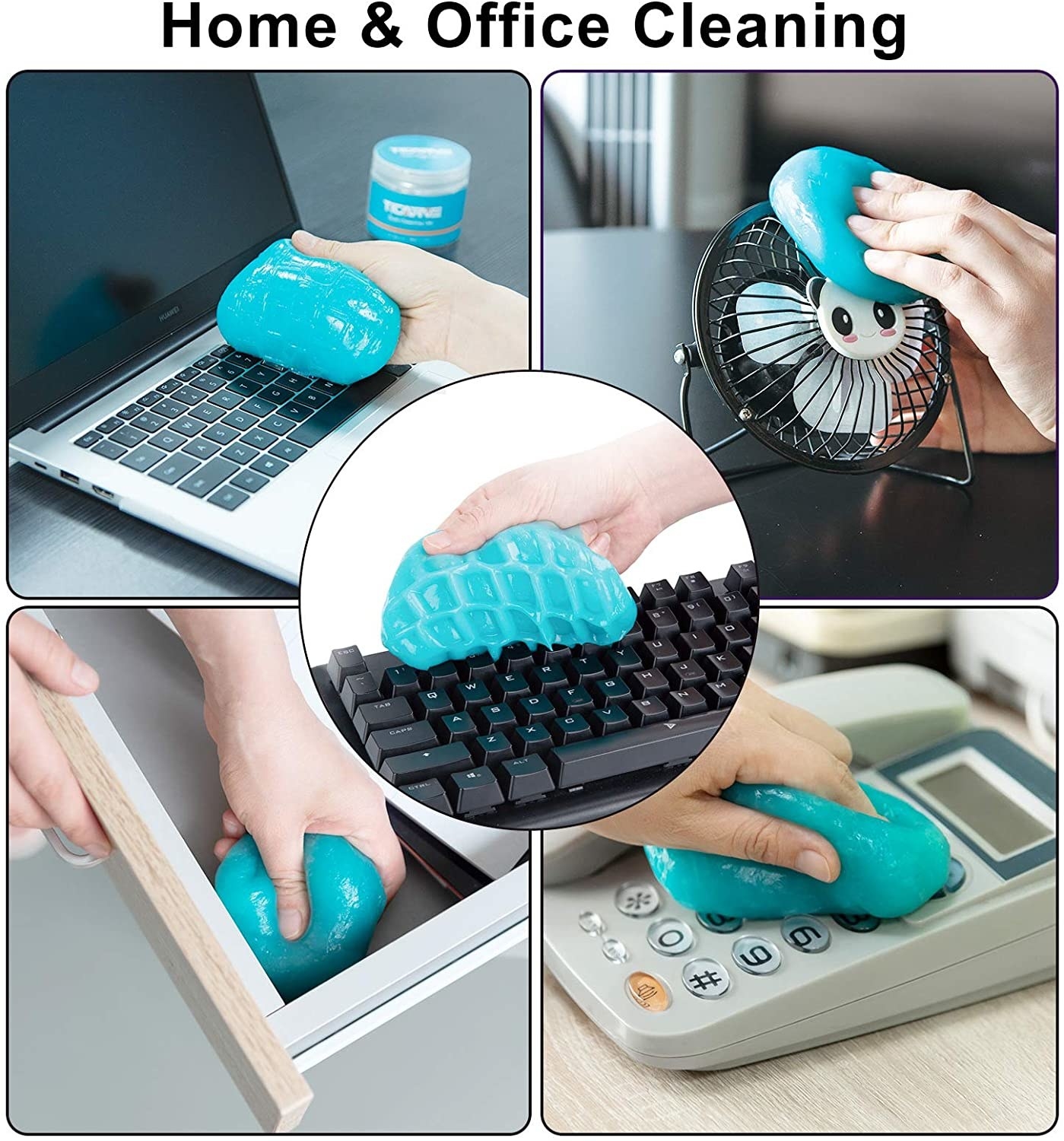 hand using the blue gel to clean a laptop keyboard, mini fan, desktop keyboard, number pad on a landline phone, and a desk drawer
