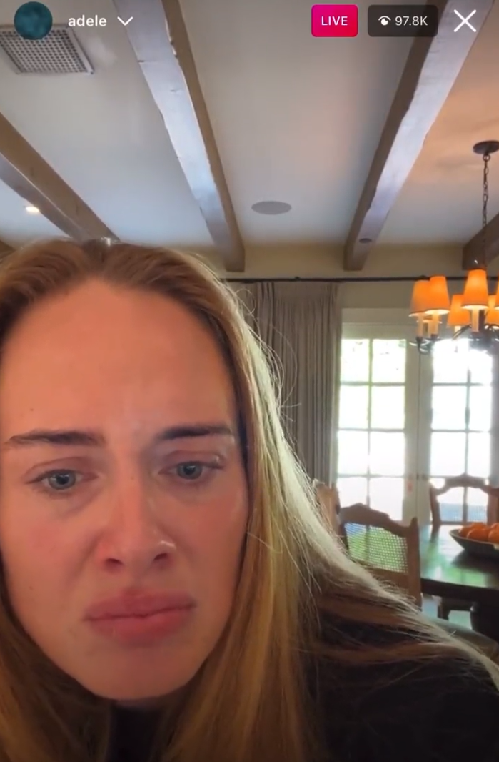 Adele looking upset during her Instagram Live