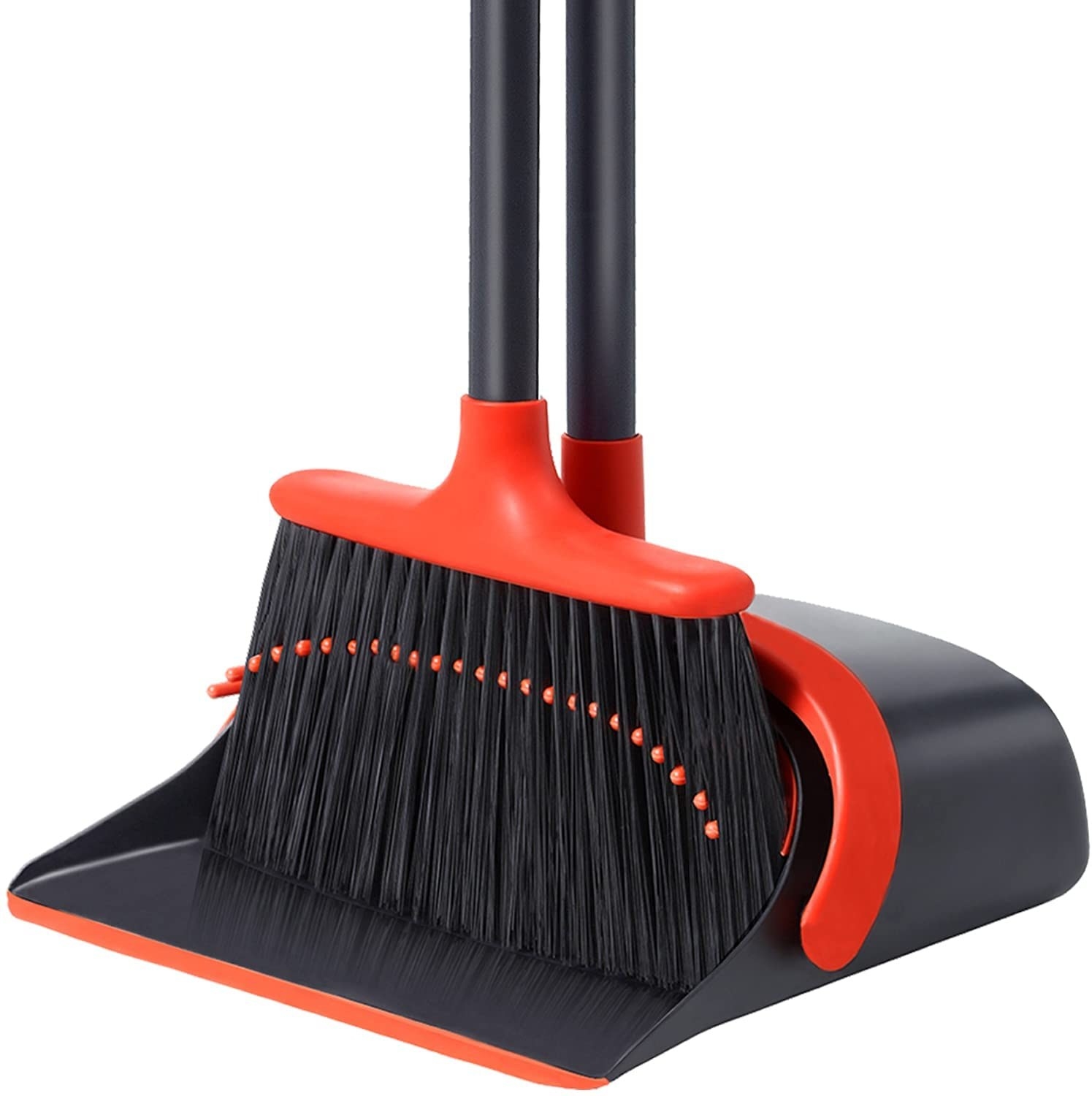 black broom and dust pan with orange accents and the dust pan has teeth on it to clean out the broom