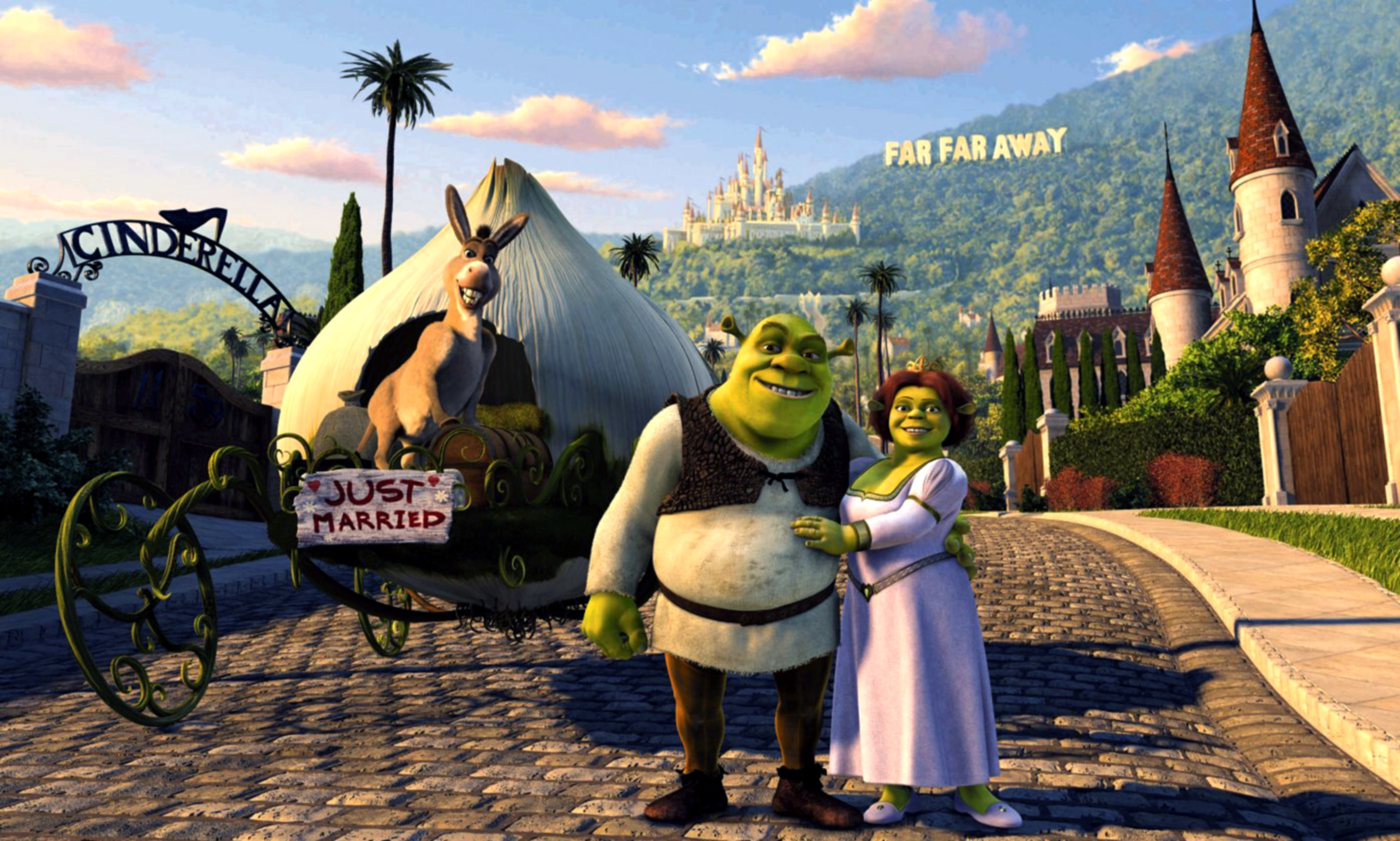 Shrek and Fiona after getting married with Donkey standing on the onion carriage