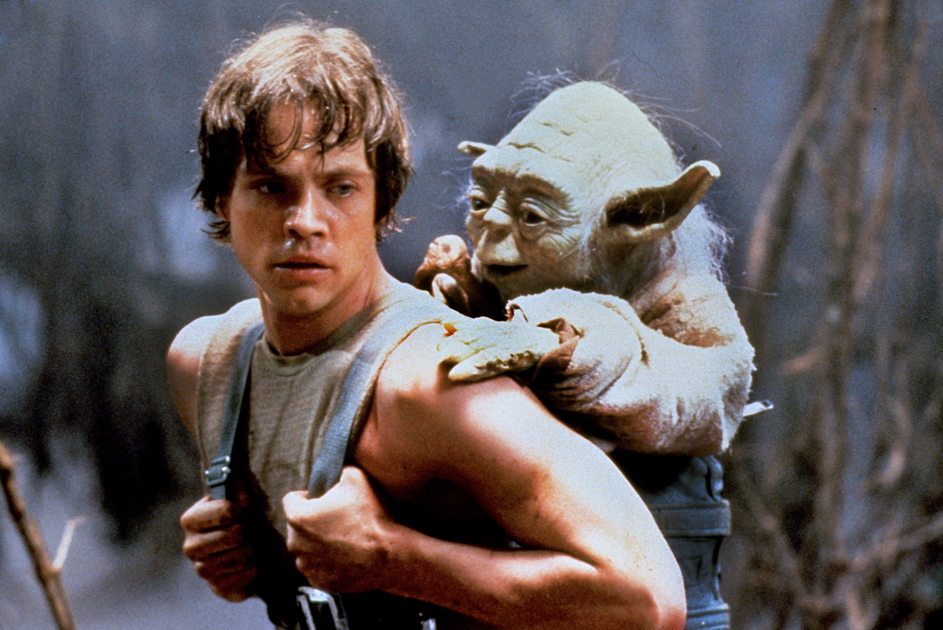 Luke Skywalker carrying Yoda on his back
