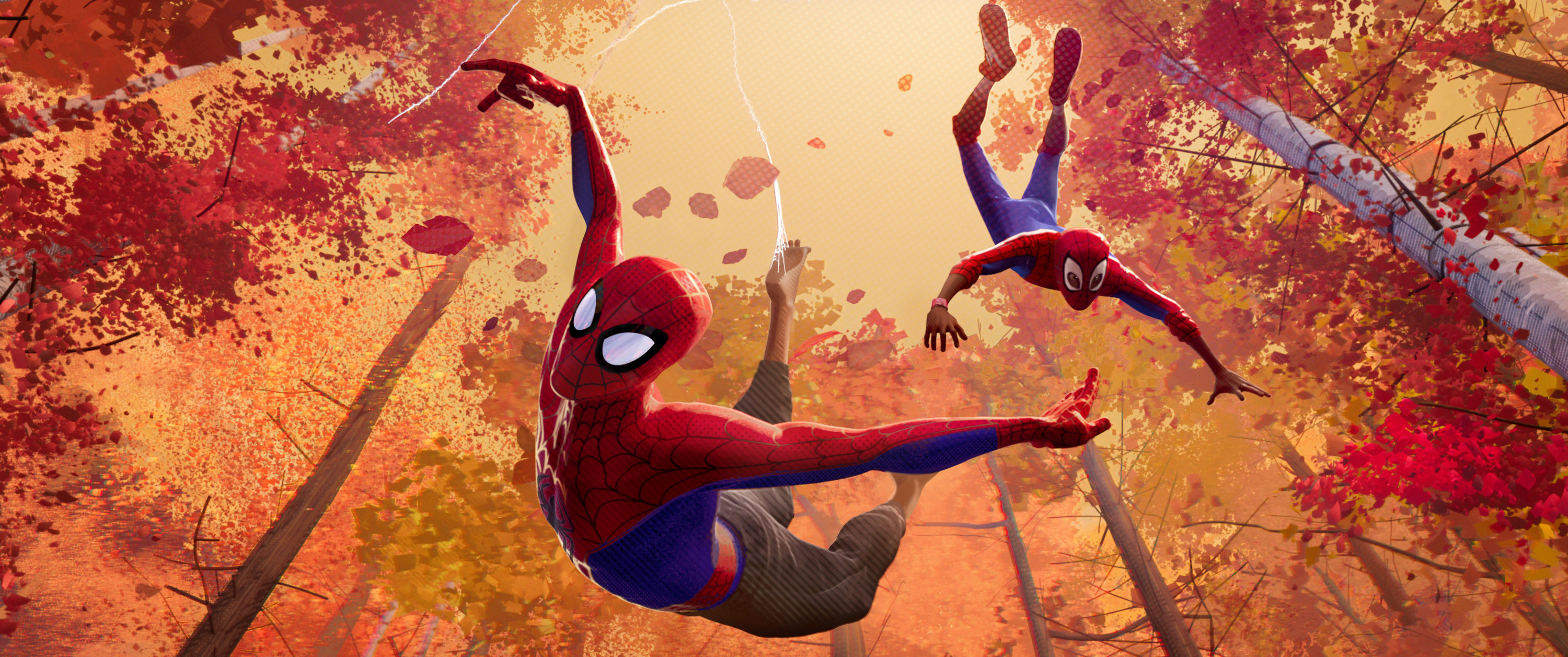 Two Spider-Men flying through the forest
