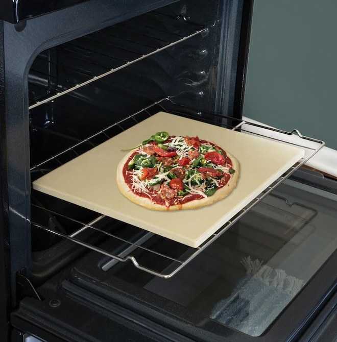 pizza on stone in oven